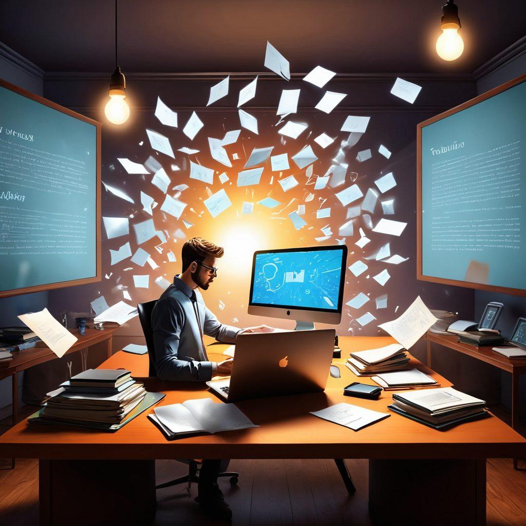 A dynamic illustration of a person transforming from a casual writer at a cluttered desk to a confident thought leader on a stage, surrounded by an audience, with glowing blog posts in the air representing their ideas. Include elements like a laptop, books, and awards symbolizing growth and achievement. The background should convey progression, transitioning from a dull gray to vibrant colors. super-realistic. vibrant colors. 3D.