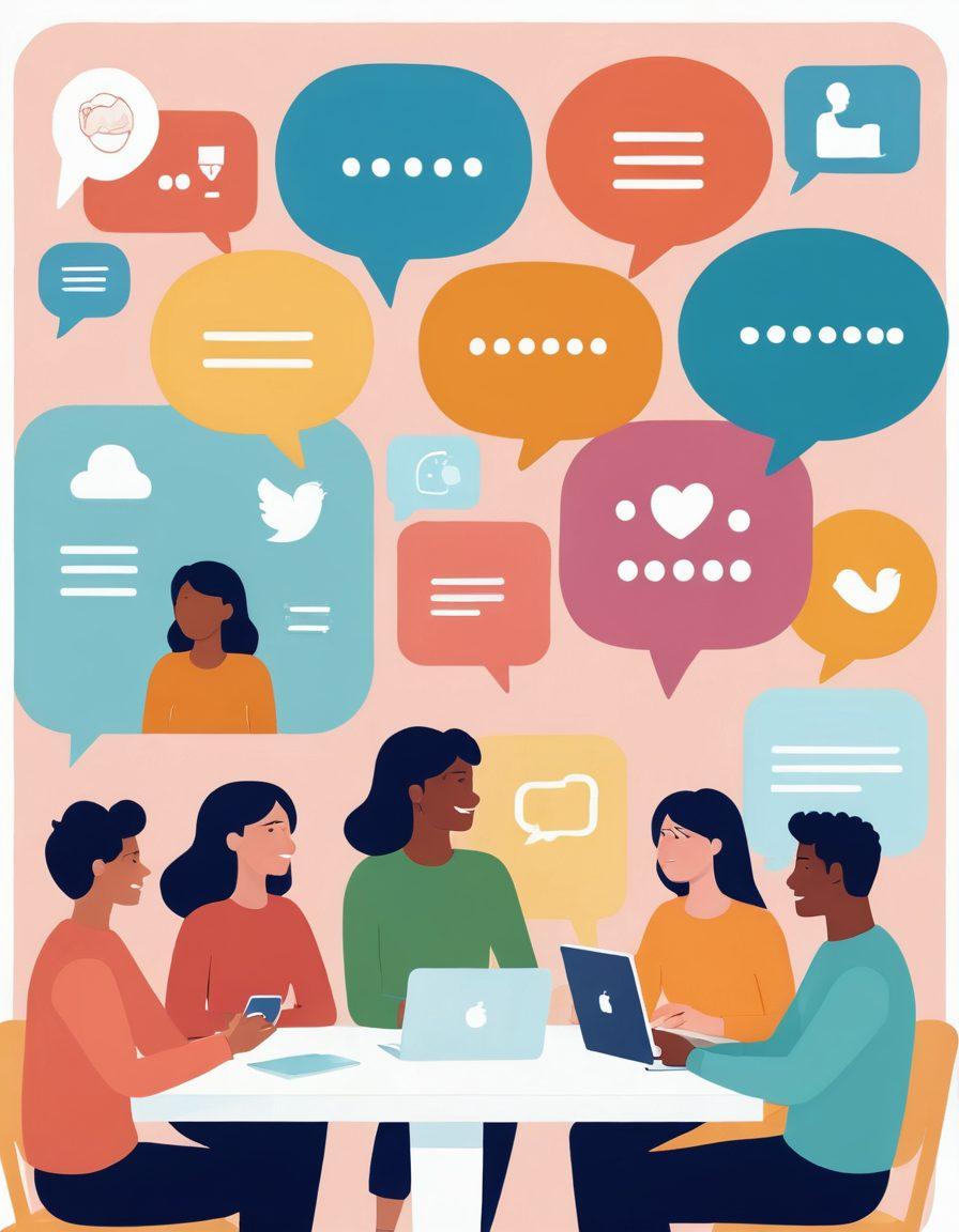 A diverse group of people engaging happily around a large digital screen displaying vibrant blog content, with speech bubbles showing comments and likes. Soft warm lighting to evoke a sense of community, and icons of social media platforms nestled amongst them. Encompass elements of sharing and collaboration, set in a cozy, modern café atmosphere. pastel colors. illustration. vibrant colors.
