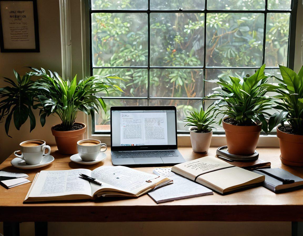 A cozy workspace featuring a beautifully designed journal open to a blank page, with a steaming cup of coffee beside it. Surround the scene with vibrant plants and inspirational quotes on the walls. A laptop with a blog interface visible, showcasing a creative layout. Soft natural lighting streaming through a window, creating an inviting atmosphere. super-realistic. warm colors. vibrant details.